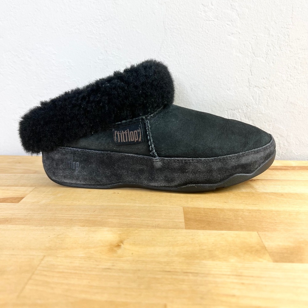 FitFlop Mukluk Shorty Black Suede Shearling Slipper Mule Boots‎ Womens Size 8